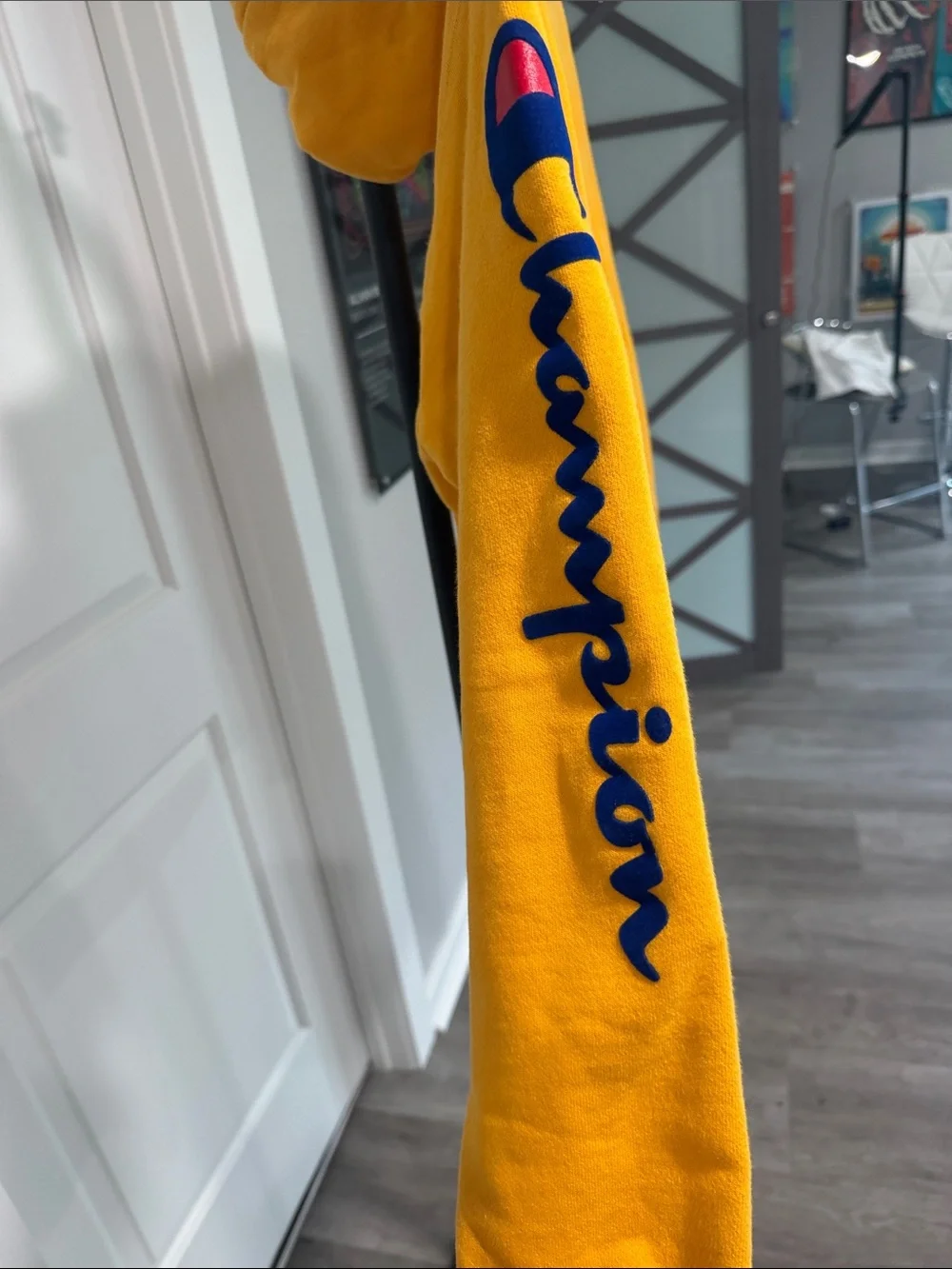 Champion Men’s Bright Yellow Crewneck Hoodie-heavyweight